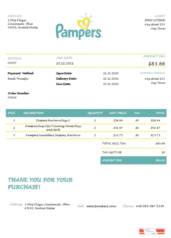 USA Pampers invoice PSD template